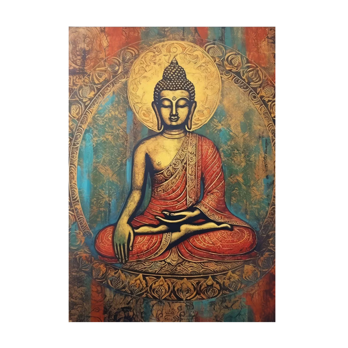 Seated Buddha in a red robe with a gold-toned mandala and patterned lotus seat.