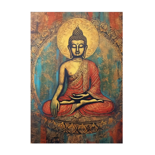 Seated Buddha in a red robe with a gold-toned mandala and patterned lotus seat.