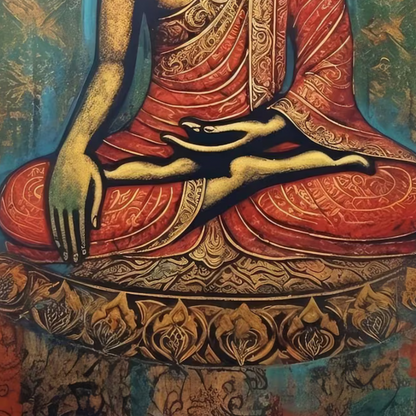 Detail of the red robe, folded hands and patterned lotus seat.