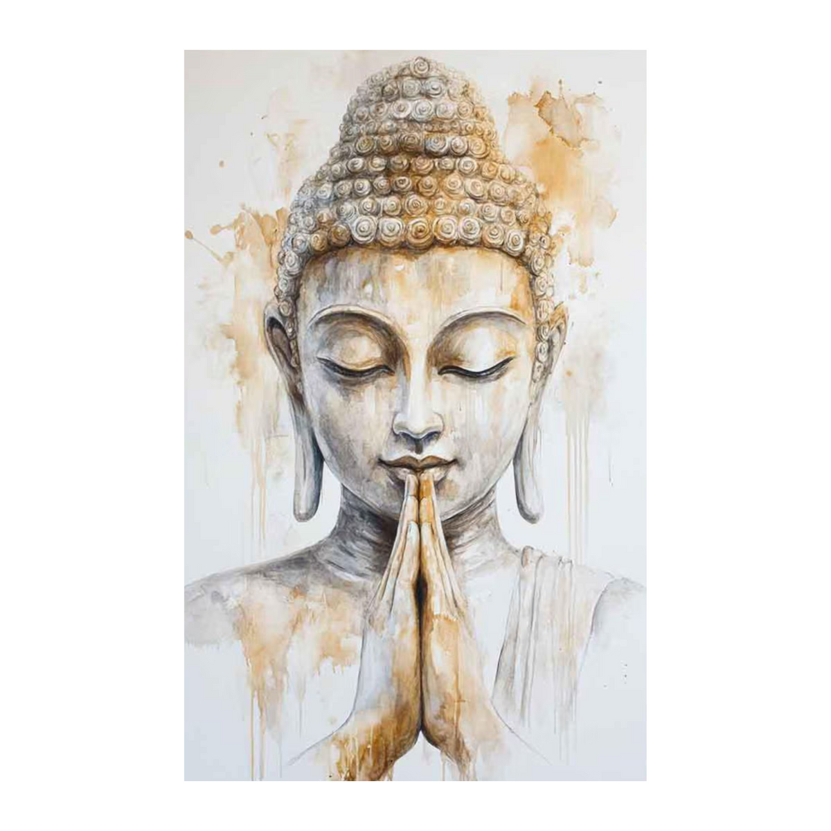 Full view of the Buddha Namaste portrait in white, grey and gold tones.