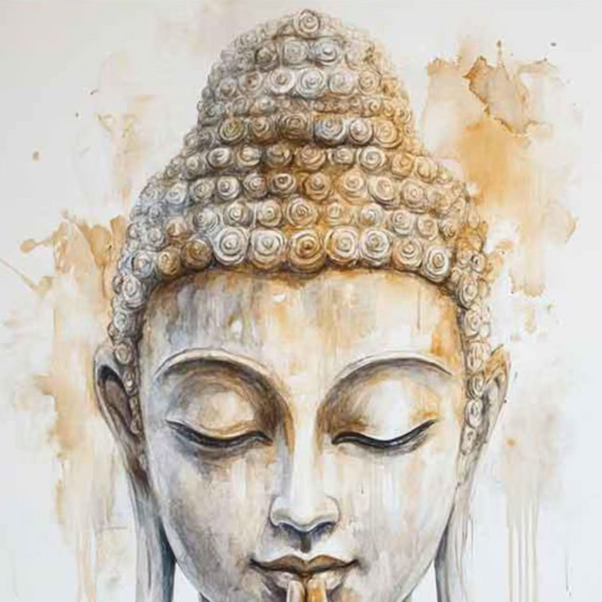 Close-up of the Buddha’s closed eyes, curled hair and softly textured face.