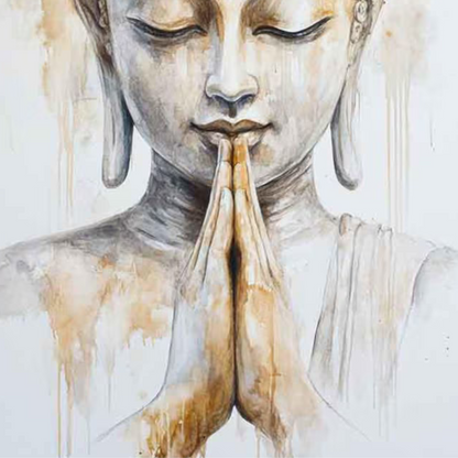 Detail of joined hands and the lower face in the Buddha Namaste painting.