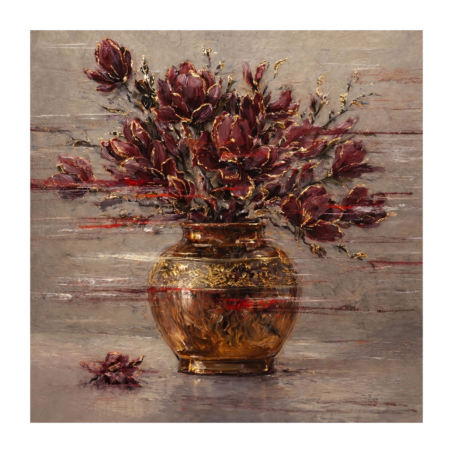 Burgundy Floral Painting Gold Vase Textured Wall Art
