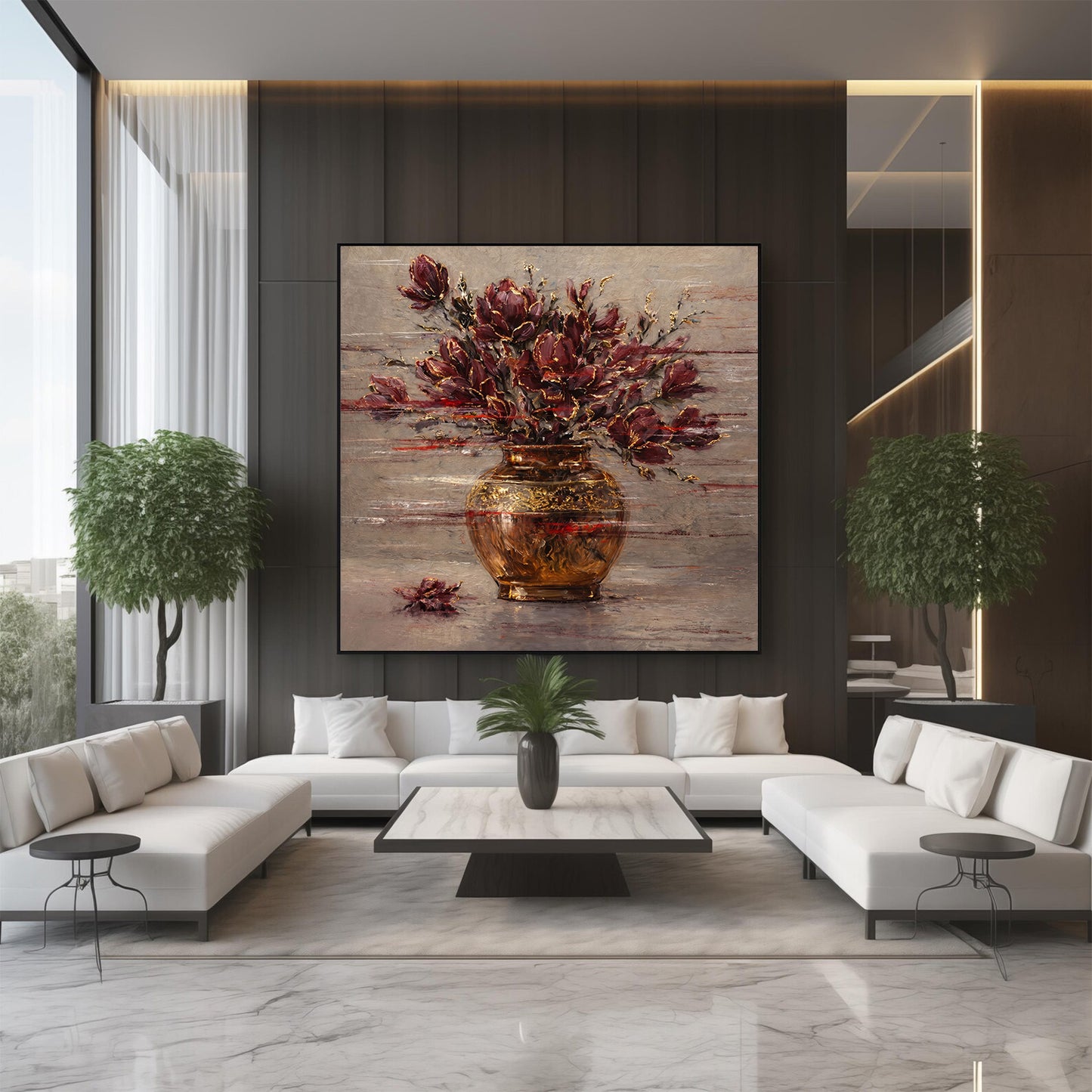 Burgundy Floral Painting Gold Vase Textured Wall Art