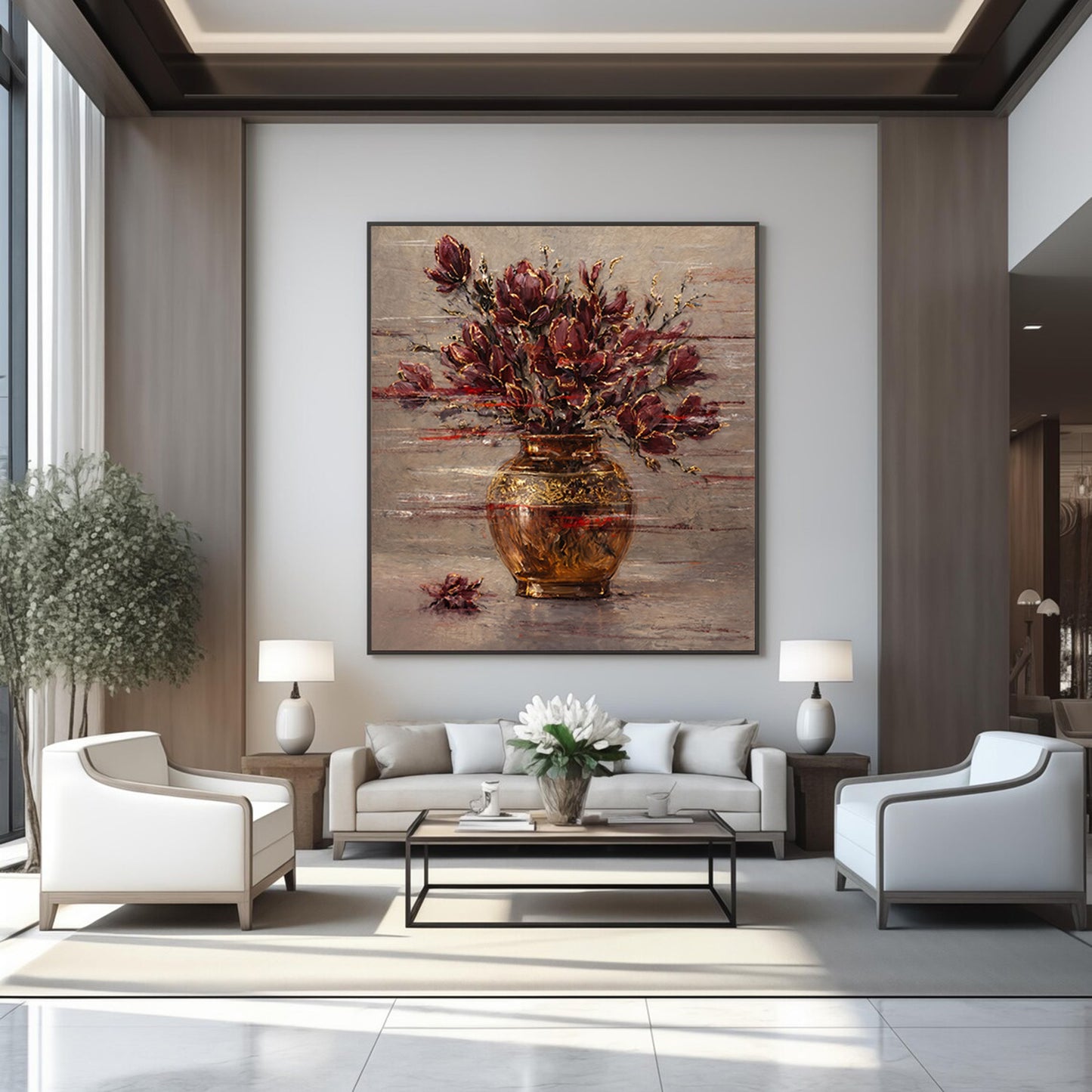 Burgundy Floral Painting Gold Vase Textured Wall Art