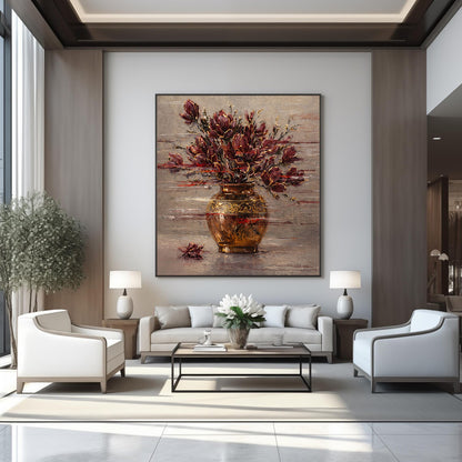 Burgundy Floral Painting Gold Vase Textured Wall Art