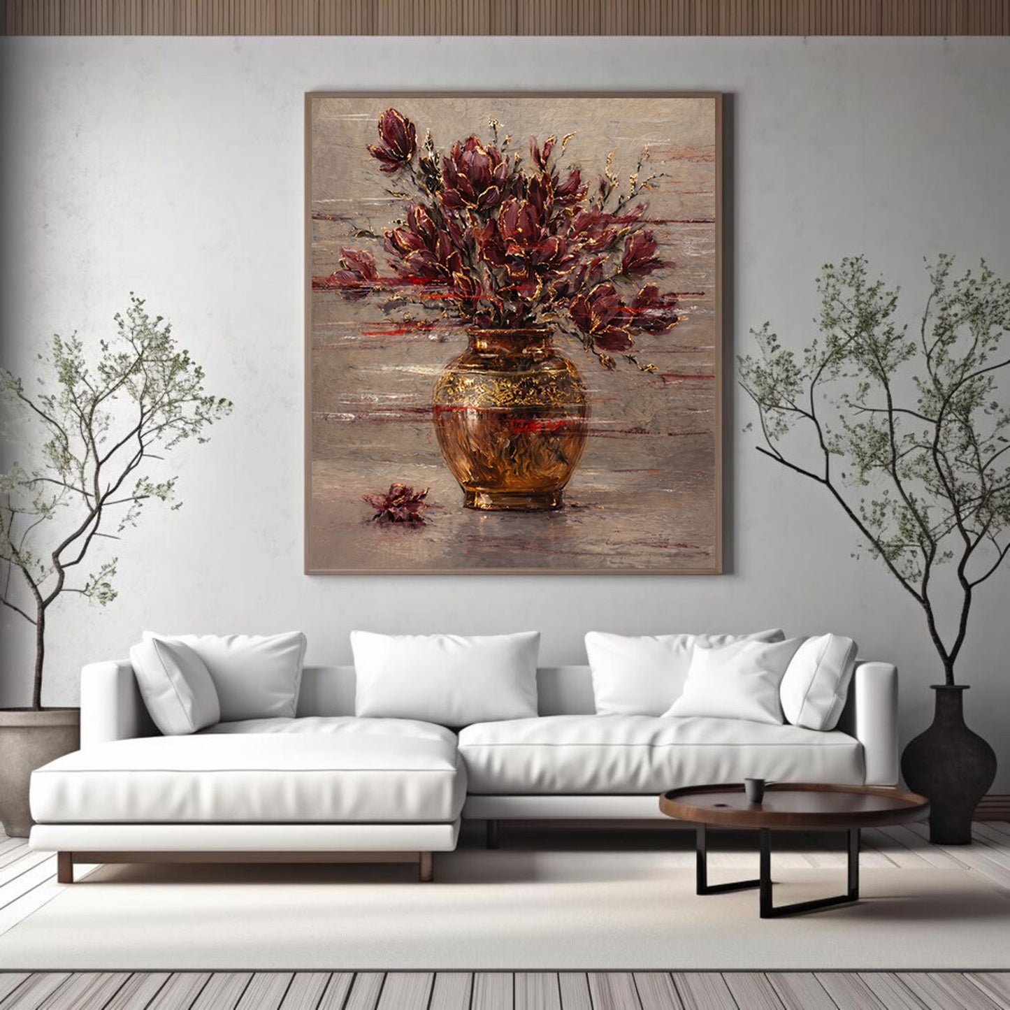 Burgundy Floral Painting Gold Vase Textured Wall Art