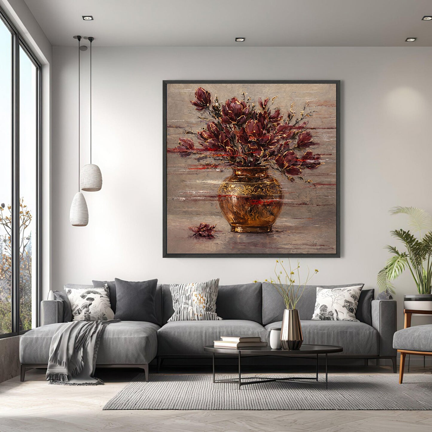 Burgundy Floral Painting Gold Vase Textured Wall Art