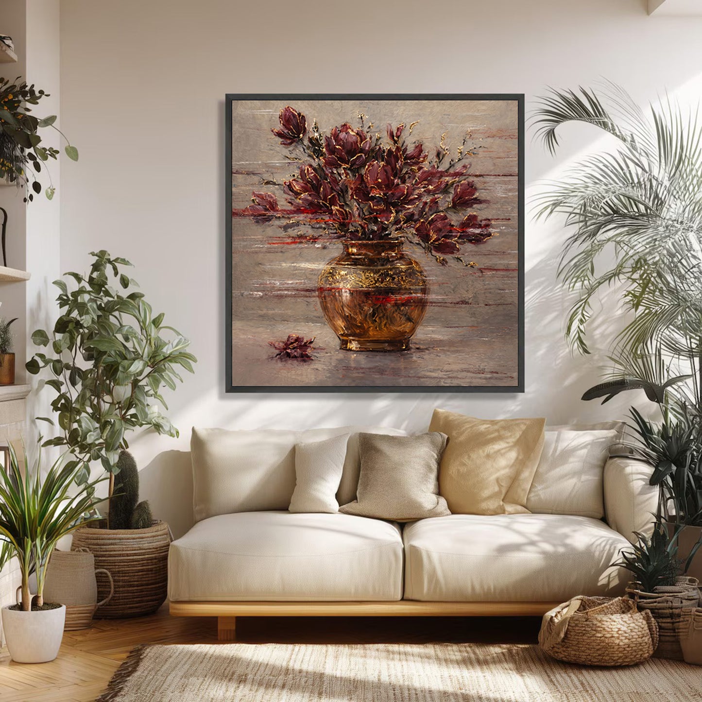 Burgundy Floral Painting Gold Vase Textured Wall Art