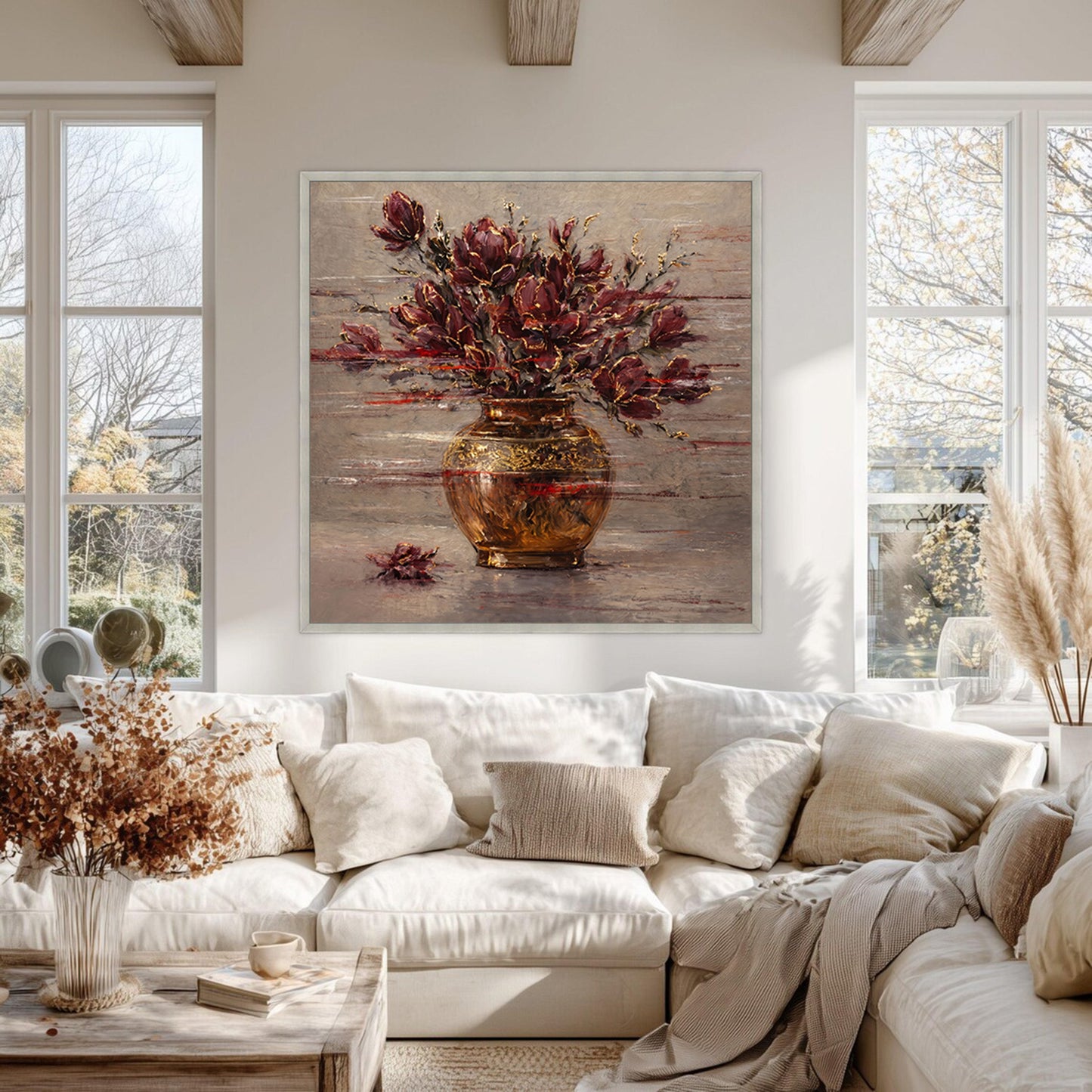 Burgundy Floral Painting Gold Vase Textured Wall Art