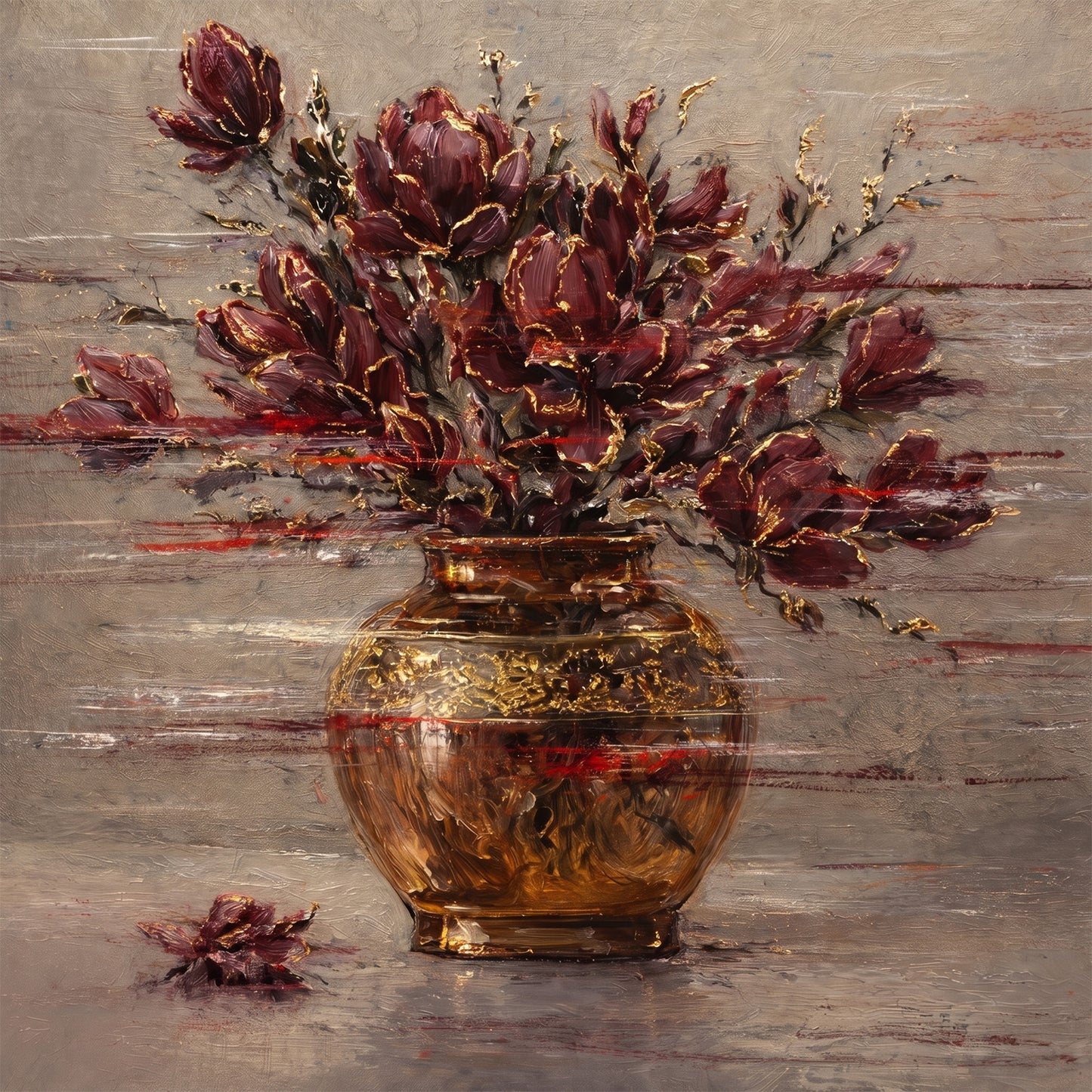 Burgundy Floral Painting Gold Vase Textured Wall Art