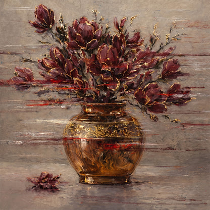 Burgundy Floral Painting Gold Vase Textured Wall Art