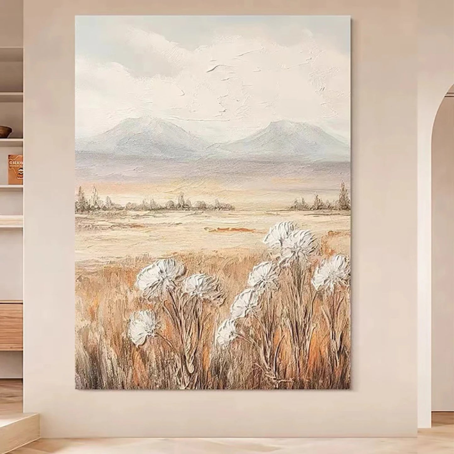 Calming Landscape Painting with Mountains and Wildflowers