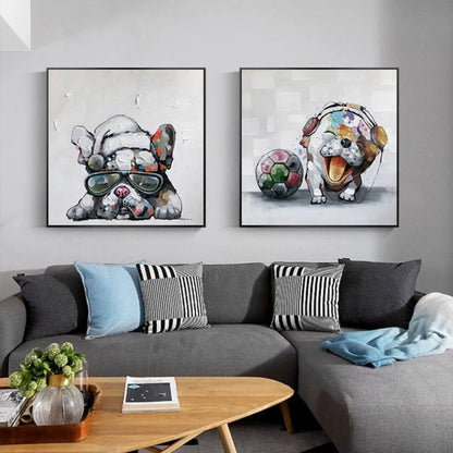 Room mockup showing pair of grey cartoon dog paintings with colourful patterned details, one dog wearing headphones beside a ball.