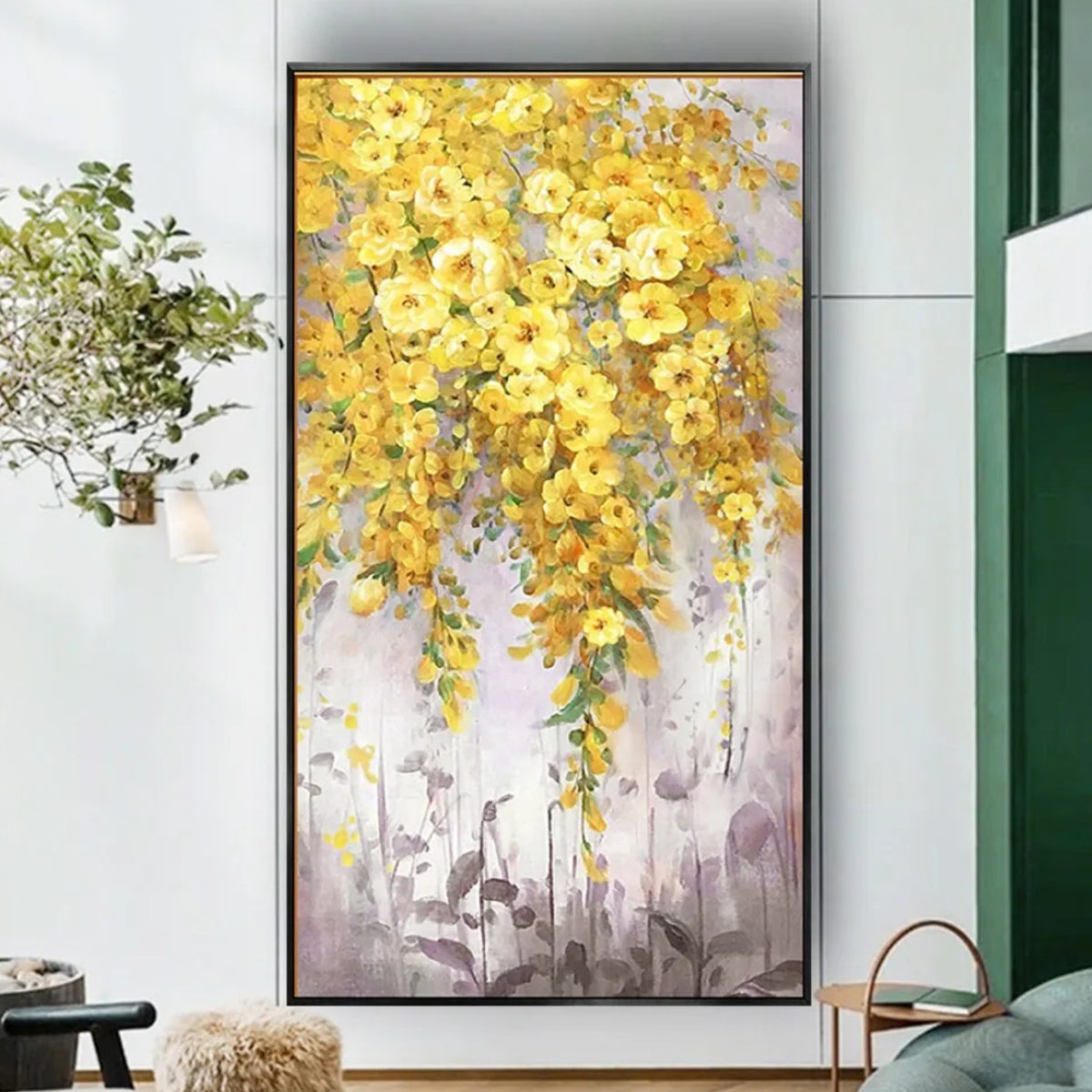 Room mockup. Clusters of yellow flowers and green leaves trail down over a pale grey background with muted mauve stems below.