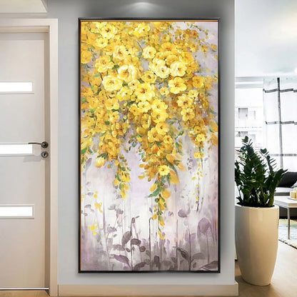 Room mockup. Clusters of yellow flowers and green leaves trail down over a pale grey background with muted mauve stems below.