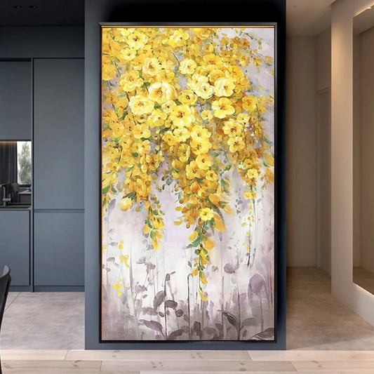Room mockup. Clusters of yellow flowers and green leaves trail down over a pale grey background with muted mauve stems below.