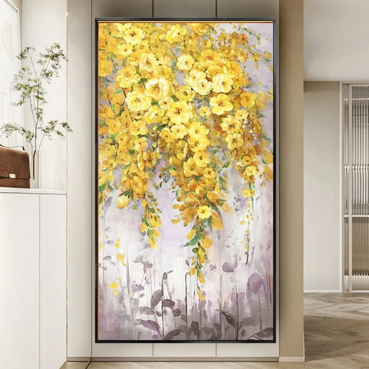 Room mockup. Clusters of yellow flowers and green leaves trail down over a pale grey background with muted mauve stems below.