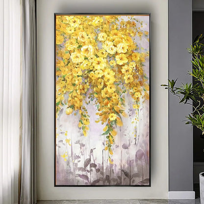 Room mockup. Clusters of yellow flowers and green leaves trail down over a pale grey background with muted mauve stems below.