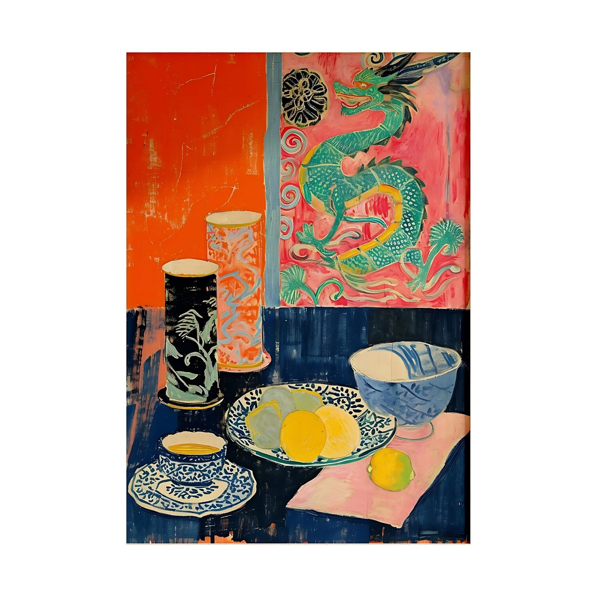 Hand-painted canvas featuring decorative ceramics and yellow citrus fruit before a colourful dragon backdrop.