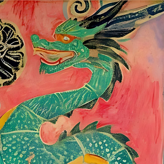 Hand-painted canvas featuring decorative ceramics and yellow citrus fruit before a colourful dragon backdrop.