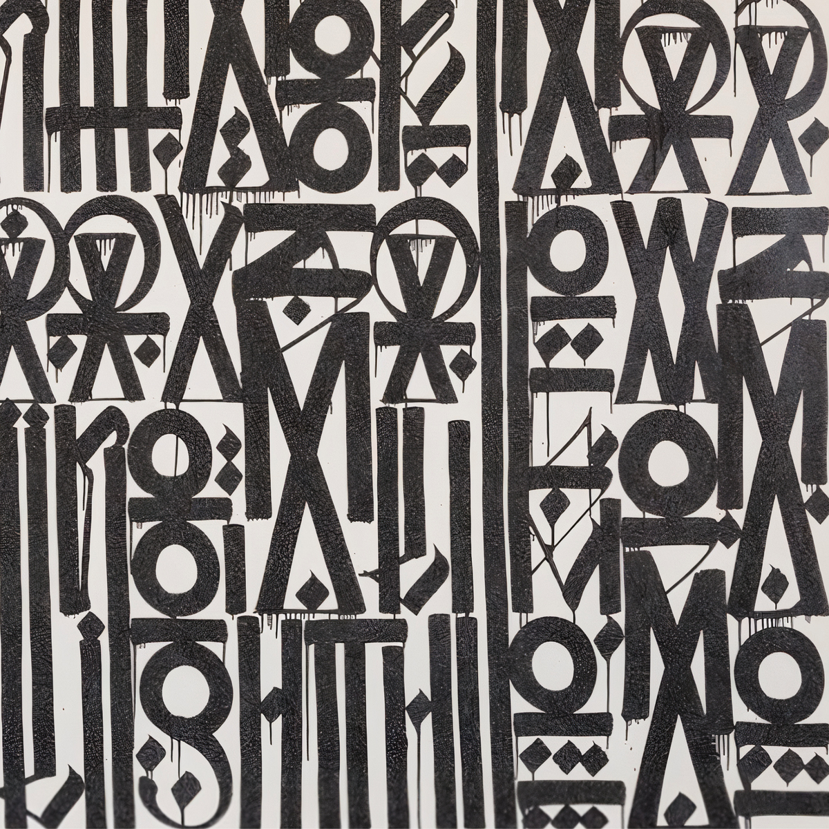 Close-up of dense charcoal geometric symbols and stylised letterforms in narrow rows over a cream background.