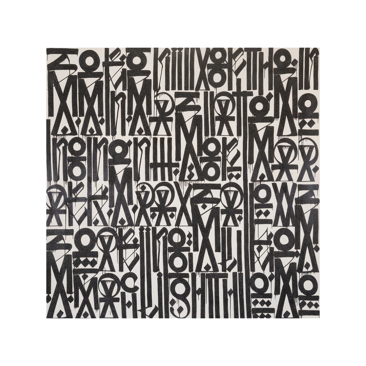Dense charcoal geometric symbols and stylised letterforms in narrow rows over a cream background.