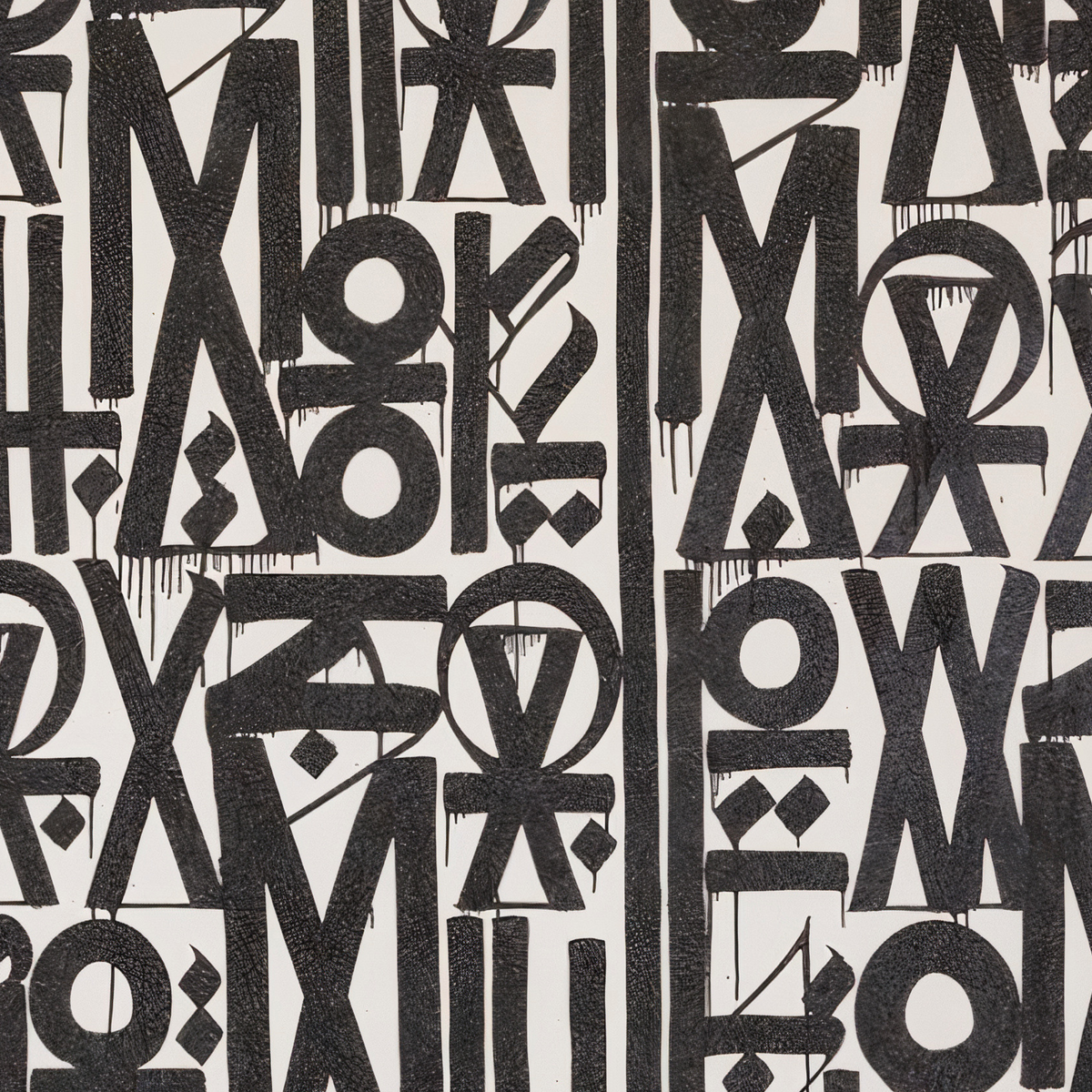 Close-up of dense charcoal geometric symbols and stylised letterforms in narrow rows over a cream background.