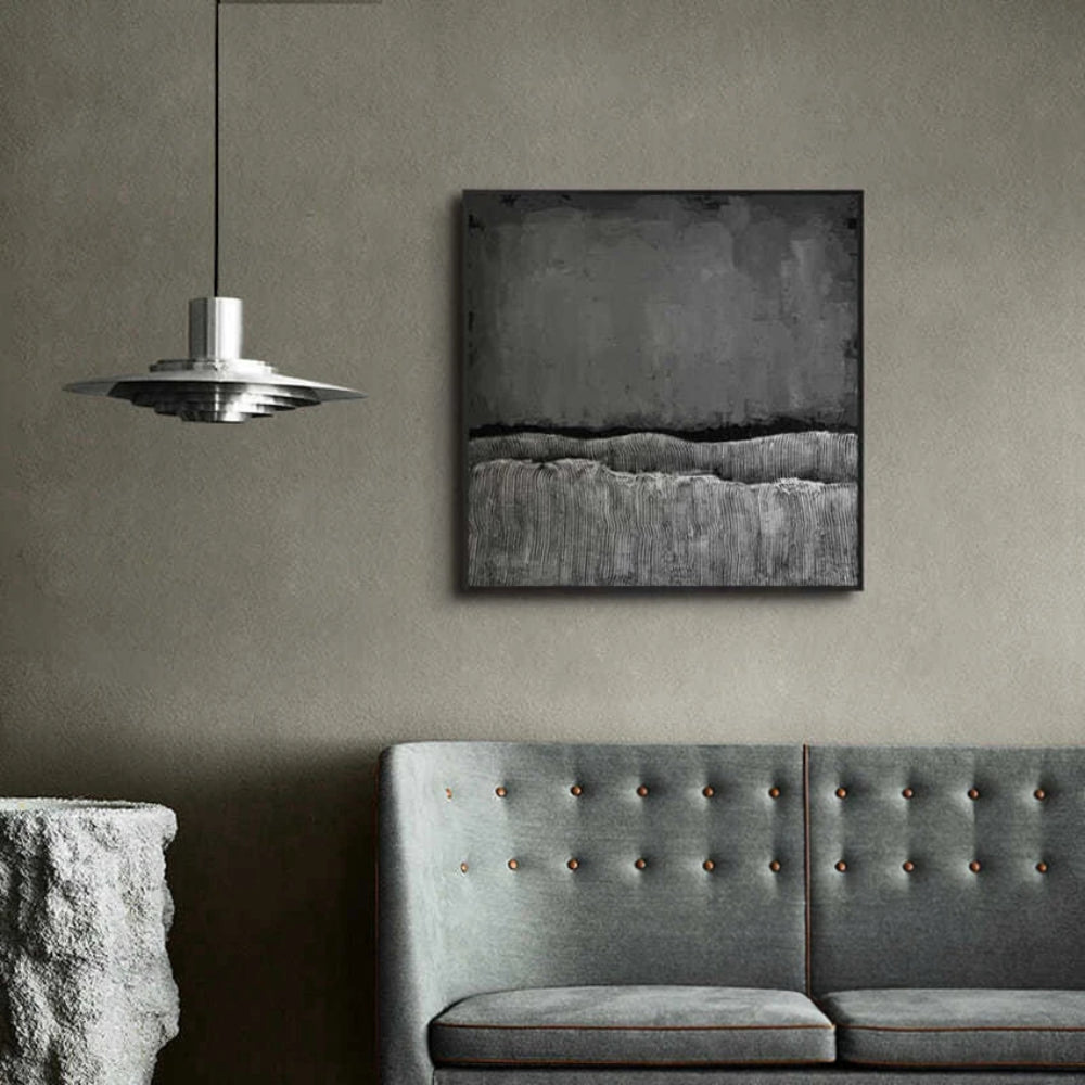 Room mockup showing charcoal grey upper field above two ridged light grey bands separated by irregular dark edges.