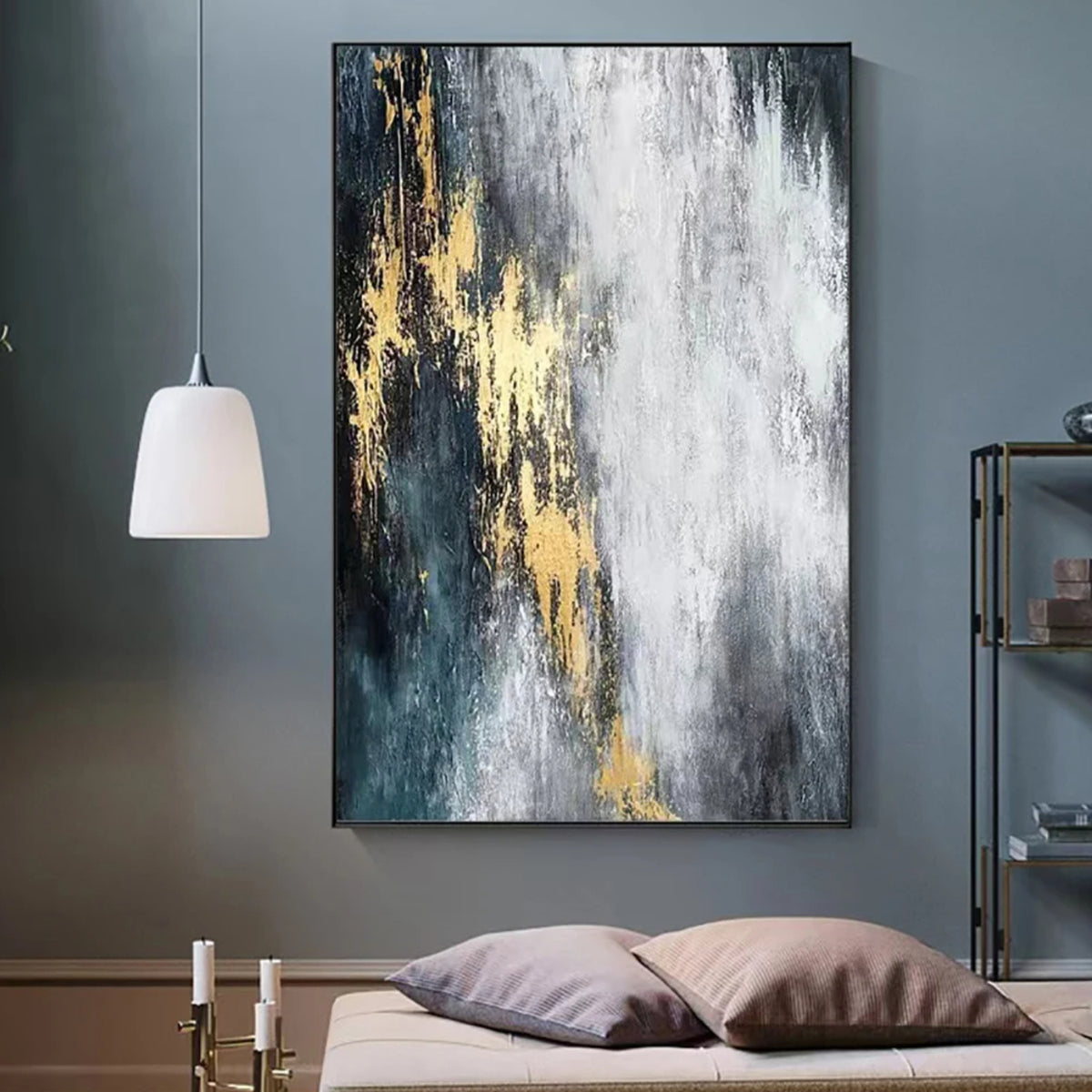 Room mockup showing vertical white and grey textured marks with gold-coloured accents over a charcoal and dark teal background.
