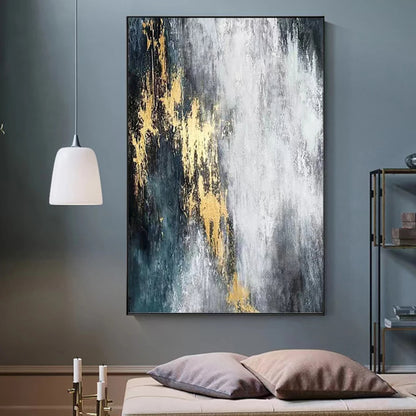 Room mockup showing vertical white and grey textured marks with gold-coloured accents over a charcoal and dark teal background.