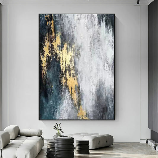 Room mockup showing vertical white and grey textured marks with gold-coloured accents over a charcoal and dark teal background.