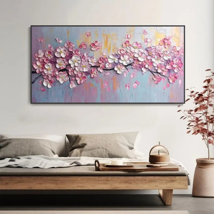 Cherry Serenity Textured Pink Blossom Branch Painting