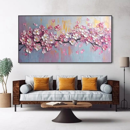 Cherry Serenity Textured Pink Blossom Branch Painting