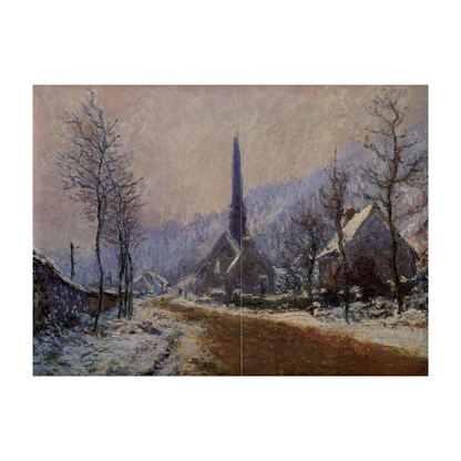 Hand-painted canvas featuring a church spire above snowy village rooftops and bare winter trees.
