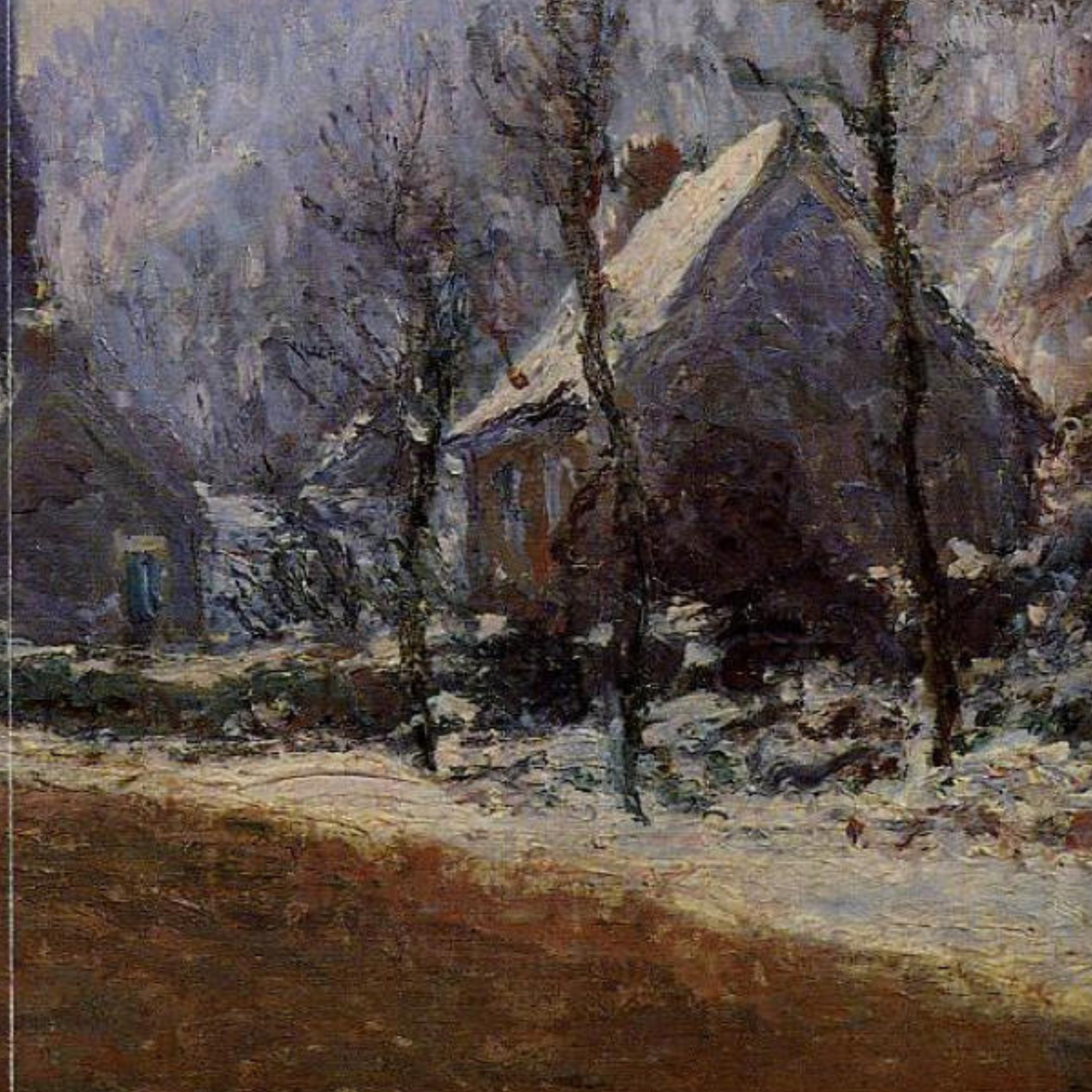 Hand-painted canvas featuring a church spire above snowy village rooftops and bare winter trees.