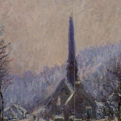 Hand-painted canvas featuring a church spire above snowy village rooftops and bare winter trees.