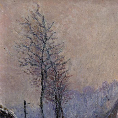 Hand-painted canvas featuring a church spire above snowy village rooftops and bare winter trees.