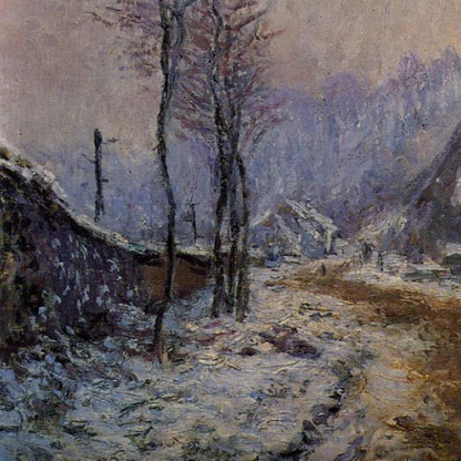 Hand-painted canvas featuring a church spire above snowy village rooftops and bare winter trees.