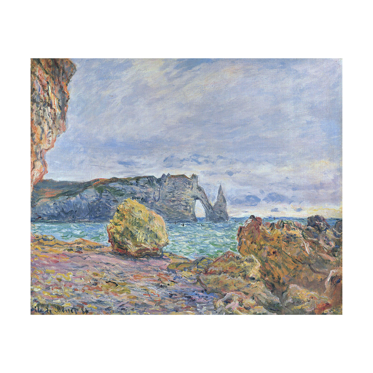 Hand-painted canvas featuring sunlit coastal cliffs above blue water with rocky foreground details.