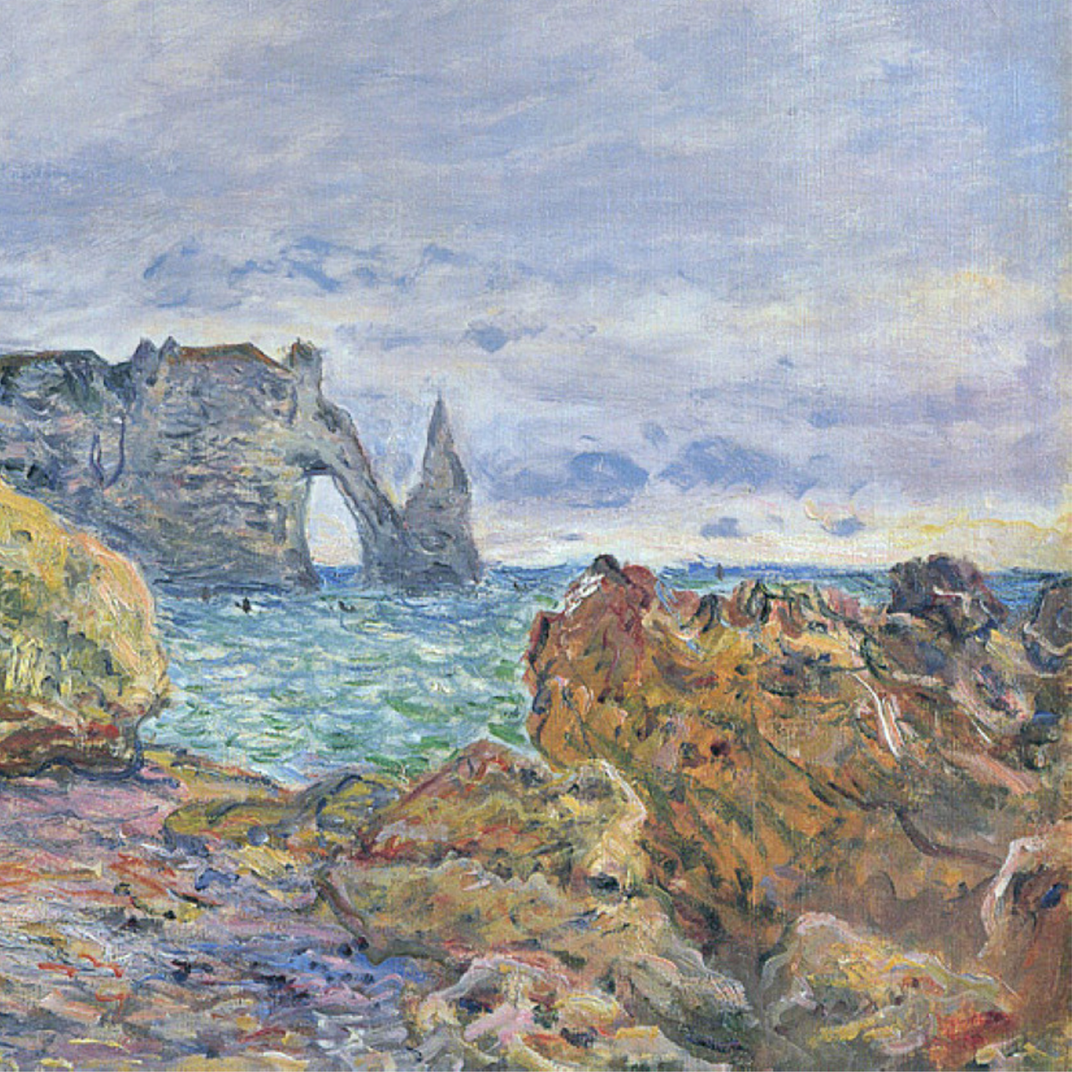 Hand-painted canvas featuring sunlit coastal cliffs above blue water with rocky foreground details.