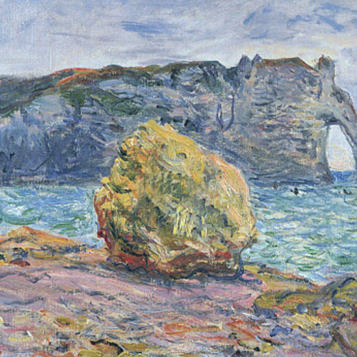 Hand-painted canvas featuring sunlit coastal cliffs above blue water with rocky foreground details.