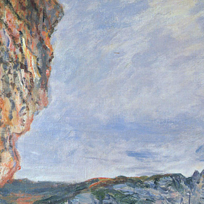Hand-painted canvas featuring sunlit coastal cliffs above blue water with rocky foreground details.
