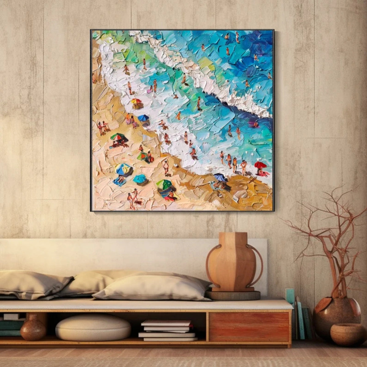 Interior preview of an aerial beach scene with turquoise waves, white foam, tiny figures and colourful umbrellas.