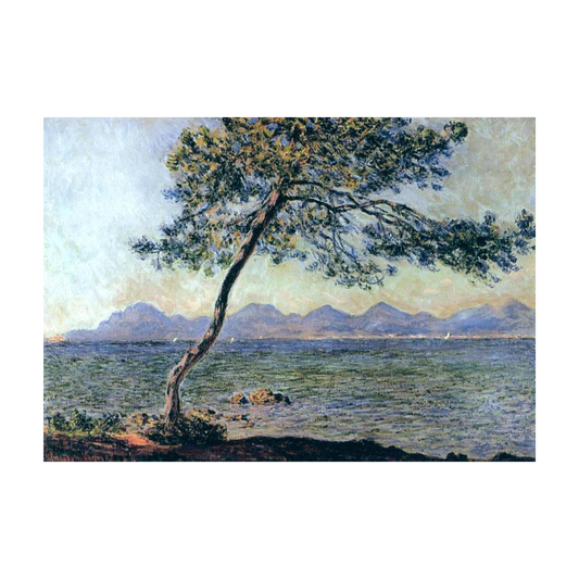 Hand-painted canvas featuring a wind-shaped pine beside blue-green water with distant coastal hills.