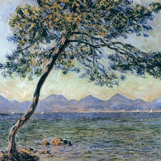 Hand-painted canvas featuring a wind-shaped pine beside blue-green water with distant coastal hills.