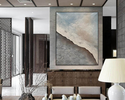 Coastal Textured Abstract Painting – Beige, Grey & Blue Modern Minimalist Canvas