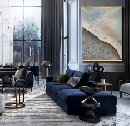 Coastal Textured Abstract Painting – Beige, Grey & Blue Modern Minimalist Canvas
