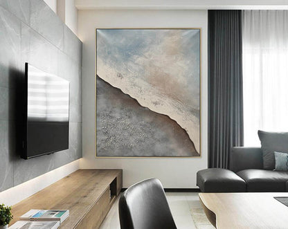 Coastal Textured Abstract Painting – Beige, Grey & Blue Modern Minimalist Canvas
