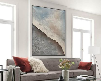 Coastal Textured Abstract Painting – Beige, Grey & Blue Modern Minimalist Canvas